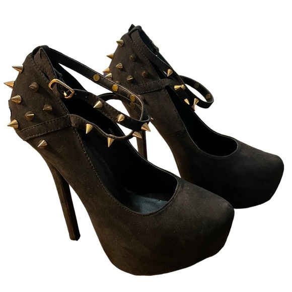 Charlotte Russe Spike Platform Stiletto Goth CrossStrap Vegan Suede Shoes Size 7 - Picture 4 of 14